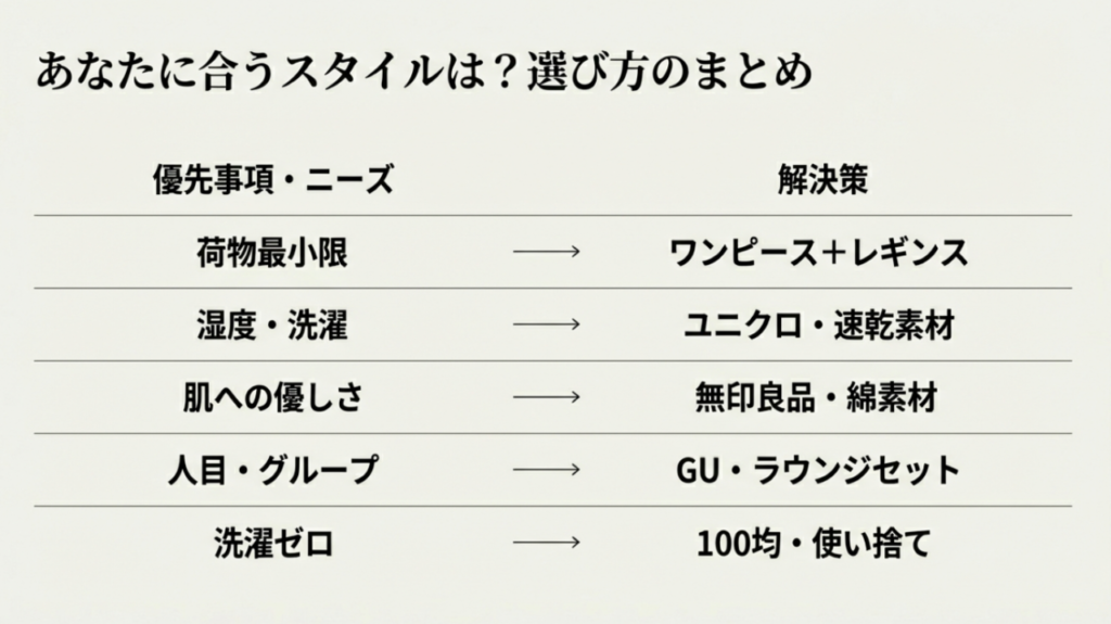 あなたに合うスタイルは?旅行パジャマ選び方のまとめ一覧表 あなたに合うスタイルは?旅行パジャマ選び方のまとめ一覧表