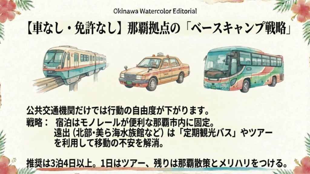 車なし観光は那覇拠点のベースキャンプ戦略が有効。遠出はバスツアーで。