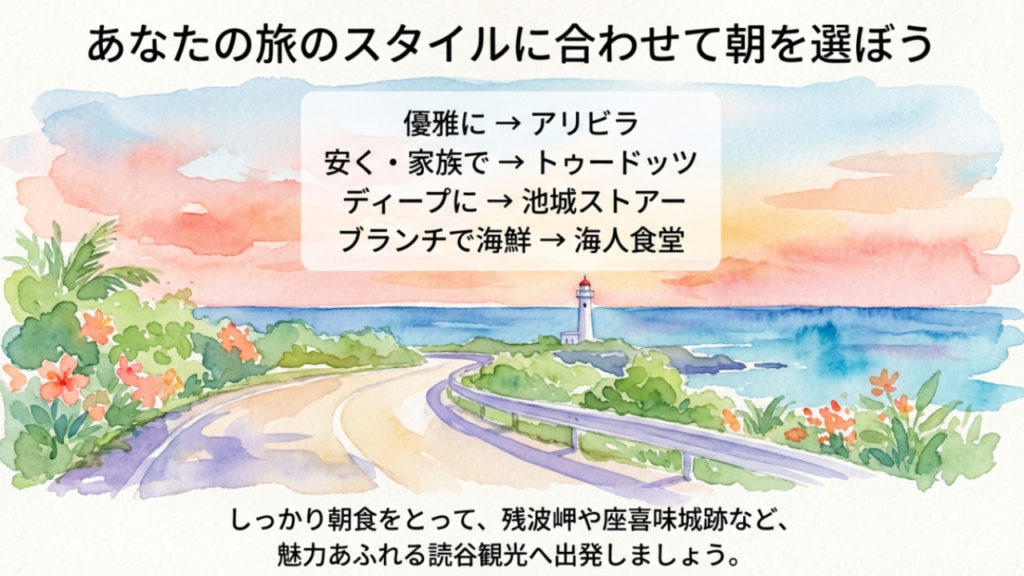 読谷村観光と朝ごはんのまとめイラスト