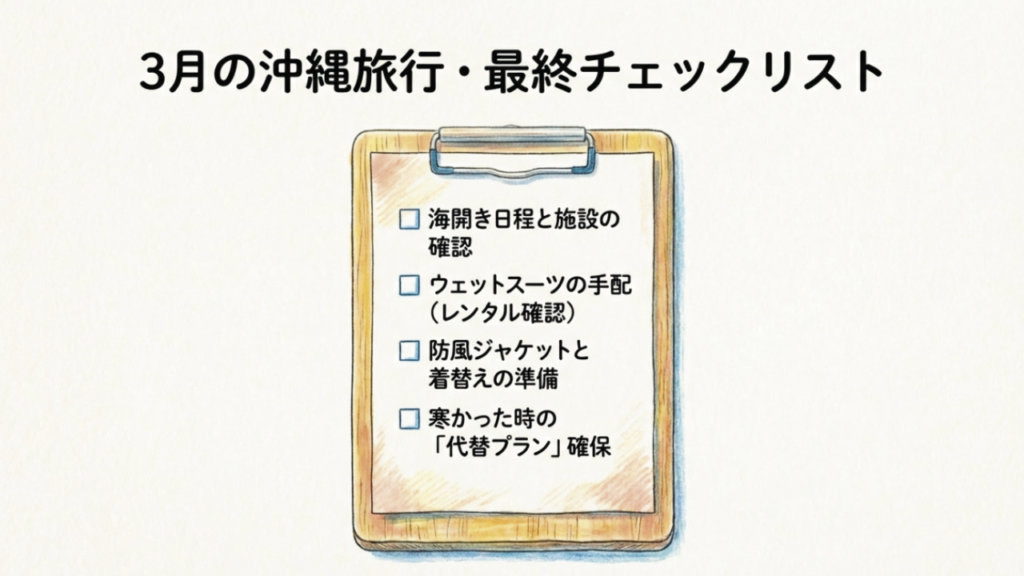 3月の沖縄旅行準備チェックリスト：海開き日程、ウェットスーツ、防風ジャケット、代替プラン