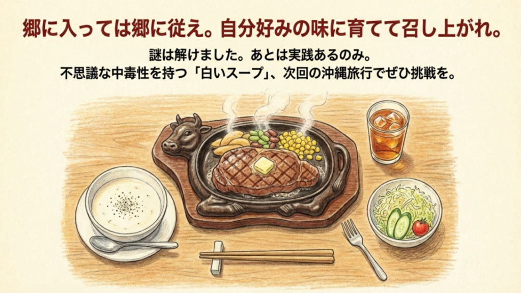 ステーキとスープ、サラダが並んだジャッキーステーキハウスのセット