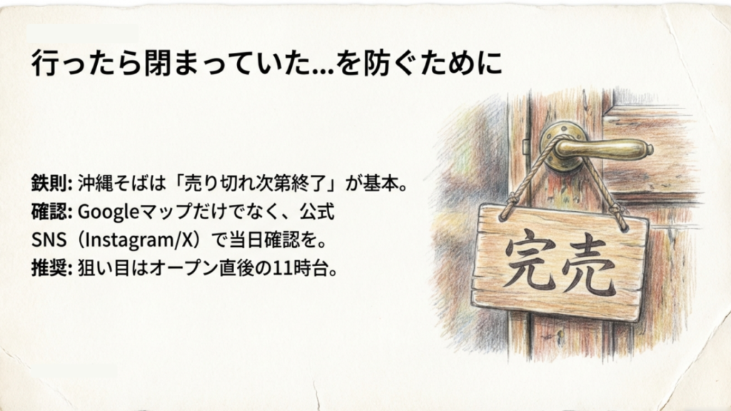 沖縄そばは売り切れ次第終了が基本 売り切れ次第終了の看板とがっかりする旅行者のイラスト