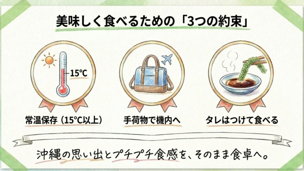 失敗しない海ぶどうお土産のまとめ。常温保存と機内持ち込みが鍵