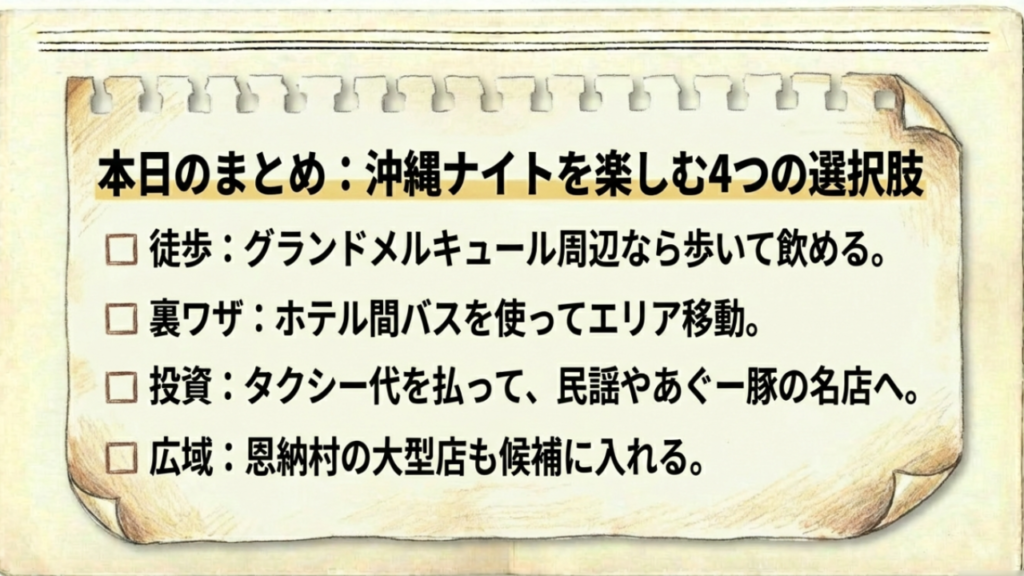 沖縄ナイトを楽しむ4つの選択肢 沖縄ナイトを楽しむ4つの選択肢まとめ