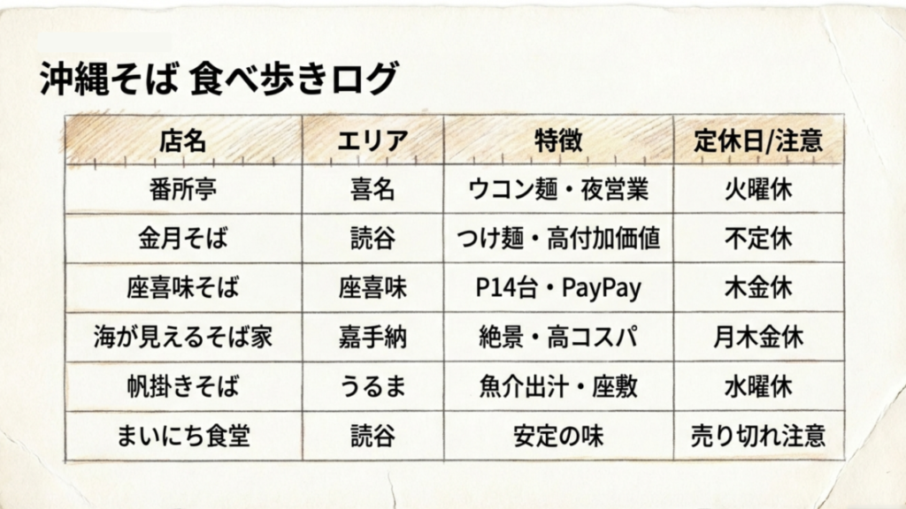 沖縄そば食べ歩きログ比較表 読谷村周辺の人気ソーキそば店比較表のイラスト