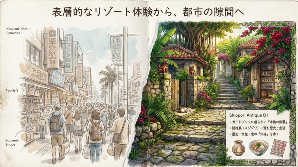 ガイドブックの向こう側へ 国際通りの賑わいと静かな路地裏の対比イラスト