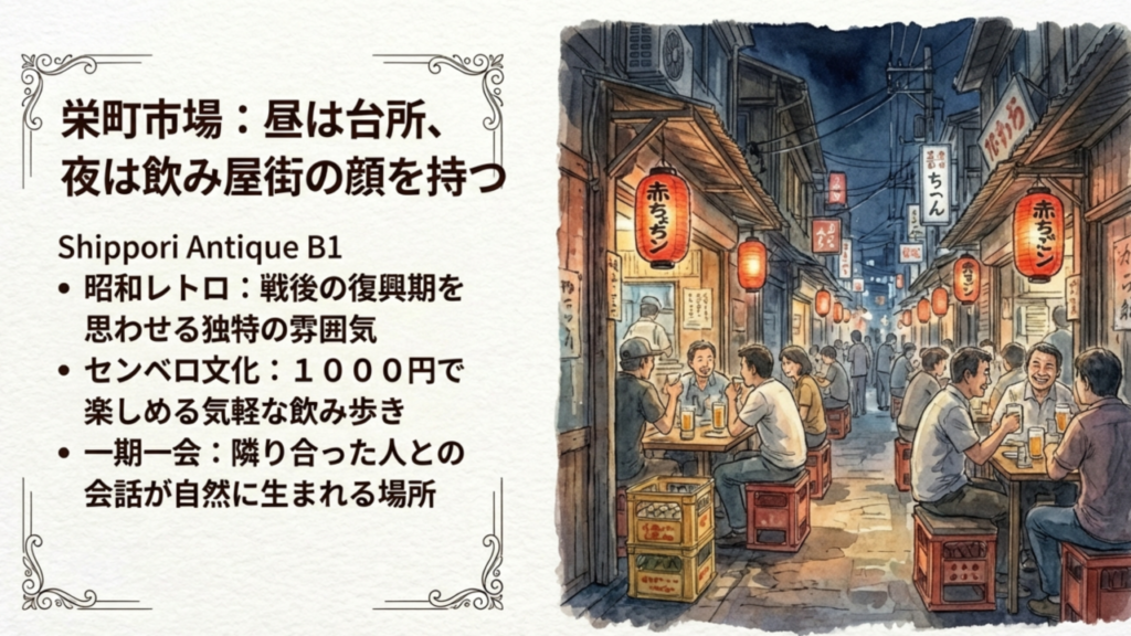 栄町市場:昼は台所、夜は飲み屋街 夜の栄町市場、赤提灯が灯り賑わう飲み屋街