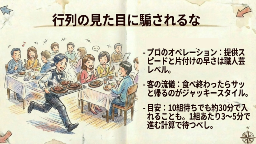 行列の見た目に騙されるな ジャッキーステーキハウスの行列攻略:回転率が早いので10組待ちでも30分程度で入れることも