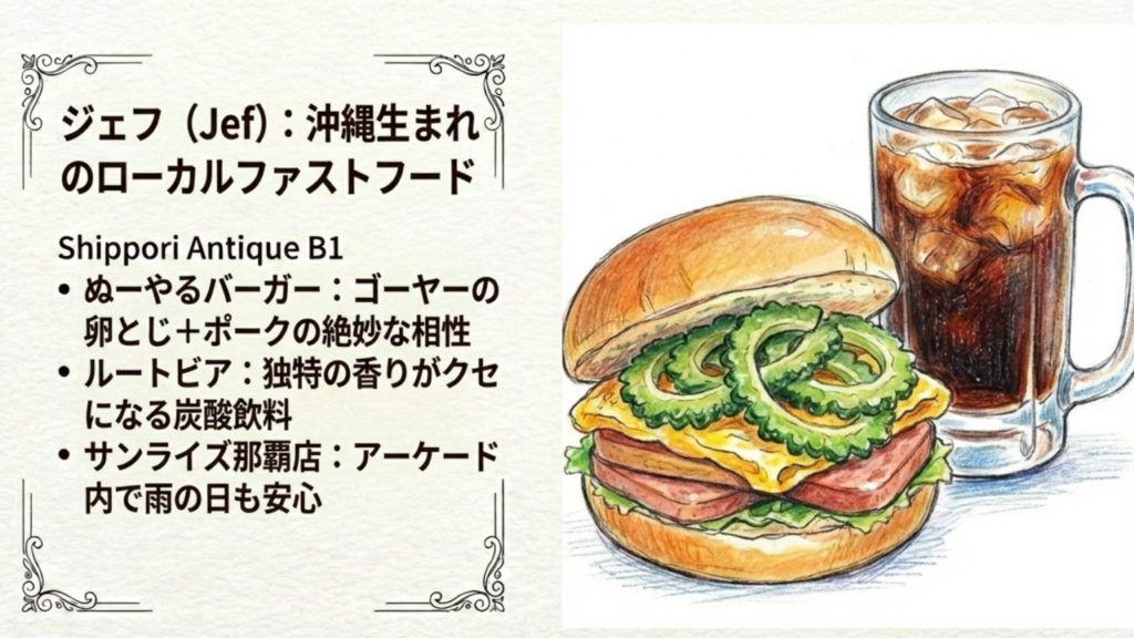 Jef:沖縄生まれのファストフード Jefのぬーやるバーガーとルートビアのセット