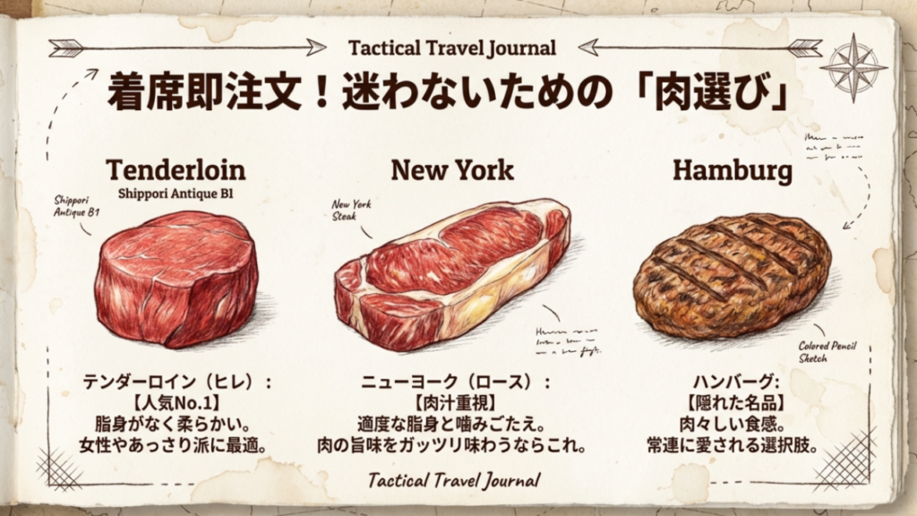 着席即注文!迷わないための肉選び ジャッキーステーキハウスのメニュー選び:テンダーロイン、ニューヨーク、ハンバーグの特徴比較