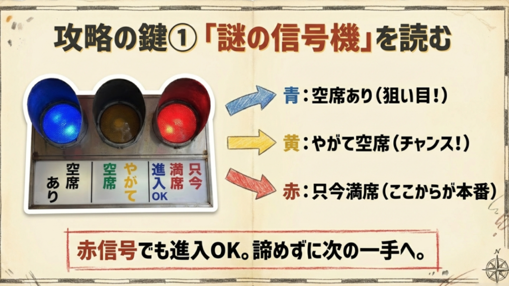 独自の信号機システムで混雑状況を瞬時に判断 ジャッキーステーキハウスの混雑状況表示信号機イラスト:青は空席あり、黄はやがて空席、赤は満席を示す