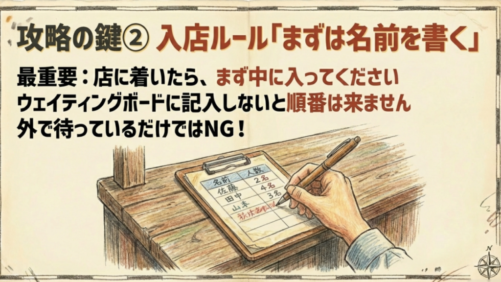 予約不可!到着したら即・記名 ジャッキーステーキハウスのウェイティングリスト記入ルール:予約不可、到着したら即記名が鉄則