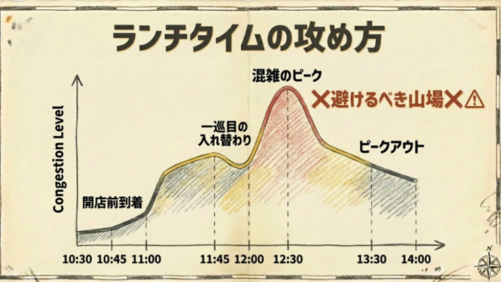 ランチタイムの攻防戦 ジャッキーステーキハウスのランチタイム混雑グラフ:11時開店、12時30分ピーク、13時30分狙い目