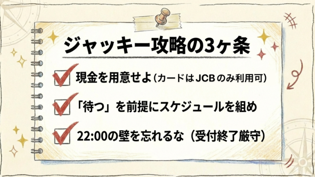 勝利のための3つの掟 ジャッキーステーキハウス攻略のまとめ:現金払い、待つ前提、22時厳守の3つの掟