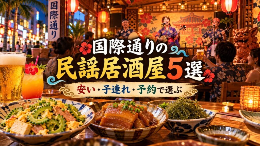 国際通りの民謡居酒屋5選を、安さ・子連れ向け・予約のしやすさ・ライブ時間などで比較する記事のアイキャッチ画像。