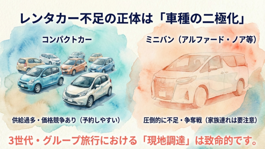 【2026年版】沖縄観光の問題点とは?現状の課題と失敗しない対策 2 2026年沖縄のレンタカー事情:コンパクトカーは余っているがミニバンは圧倒的に不足