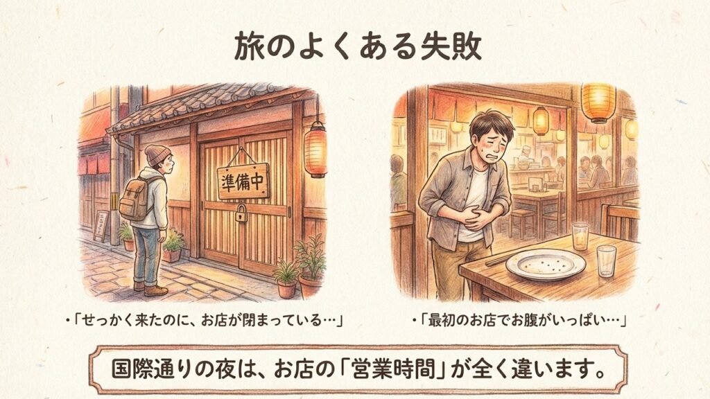 旅のよくある失敗：お店が準備中だったり、最初のお店でお腹がいっぱいになってしまう様子を描いたイラスト