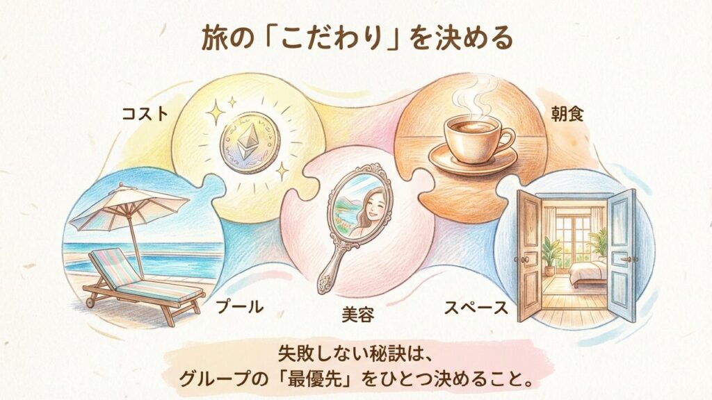 ホテル選びの5つのこだわり（コスト、プール、美容、スペース、朝食）と最優先を決める秘訣