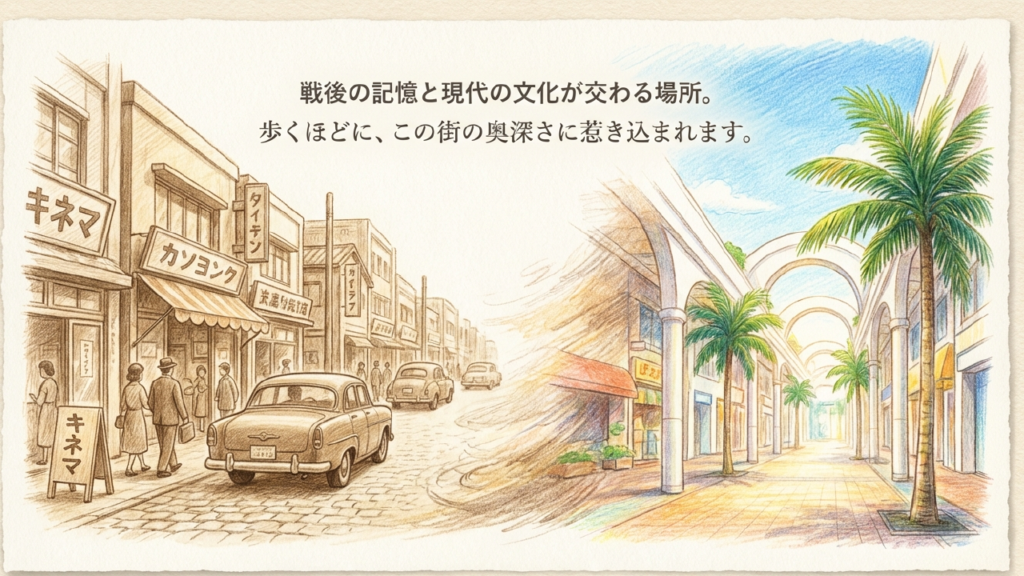 戦後と現代が交わる街 戦後の記憶と現代の文化が交わる沖縄市の街並みのイラスト
