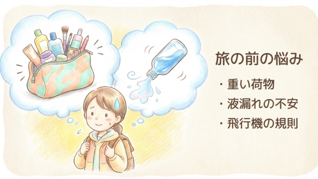 旅行パッキング時の重い荷物、液漏れ、飛行機ルールなどの悩みリスト