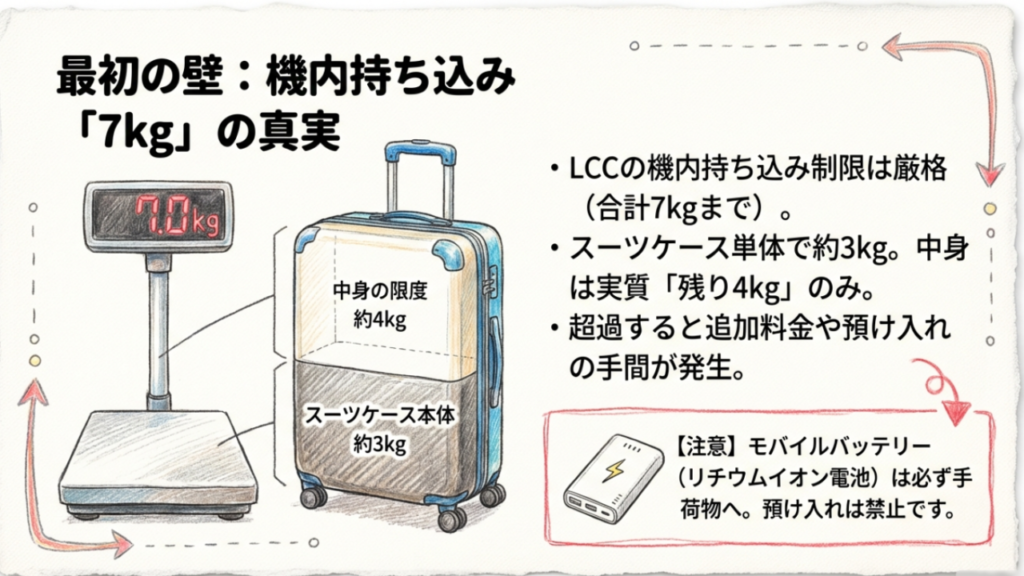 機内持ち込み手荷物7kgの制限とスーツケース本体の重さの図解