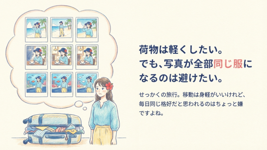 荷物は軽くしたいけれど写真が全部同じ服になるのは避けたいという悩みの図解
