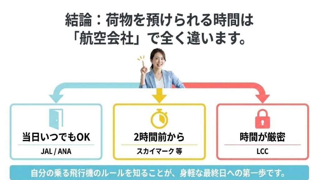 那覇空港の荷物預けは何時間前から可能?各社の規定と賢い過ごし方 2 JAL・ANA・スカイマーク・LCCの各社手荷物受付タイムライン比較