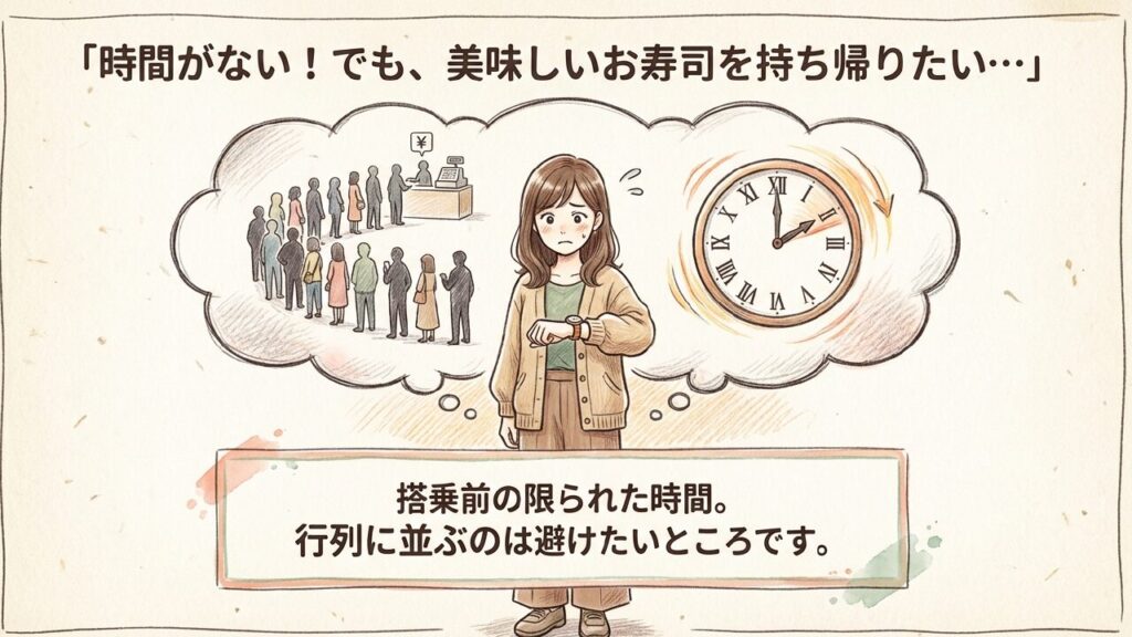 搭乗前の時間と行列の悩み 時間がないけど美味しいお寿司を持ち帰りたい旅行者の悩み