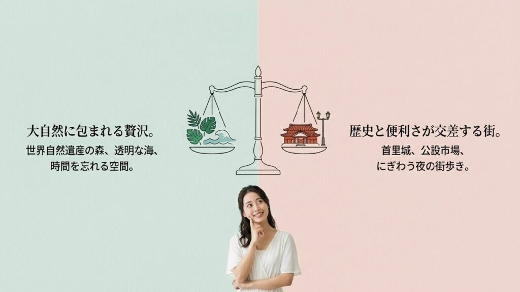 大自然に包まれる贅沢（北部）と歴史と便利さが交差する街（南部）の比較