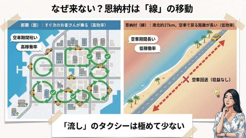 恩納村でタクシーが捕まらない理由と対策まとめ 3 恩納村のタクシー移動が線であることと那覇の面移動との効率比較