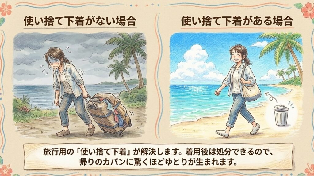 旅行用の使い捨て下着を使えば着用後に処分でき帰りのカバンにゆとりが生まれる