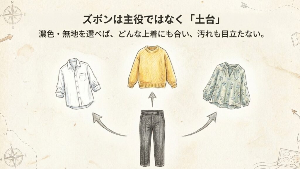 シャツやセーターなど様々なトップスに合わせやすい濃色・無地のズボン