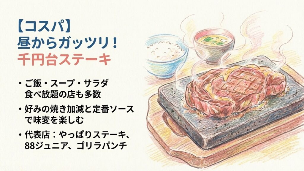 昼からガッツリ食べられる千円台のステーキランチ