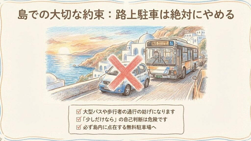 ウミカジテラスでの路上駐車は大型バスや歩行者の通行の妨げになるため厳禁