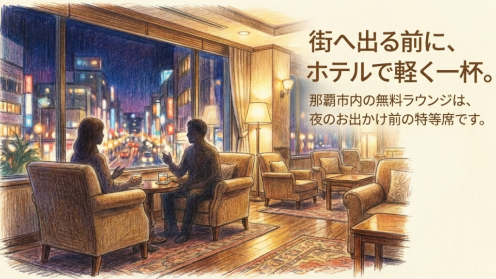 街へ出る前にホテルで軽く一杯。那覇市内の無料ラウンジは夜のお出かけ前の特等席であることを示すイラスト。