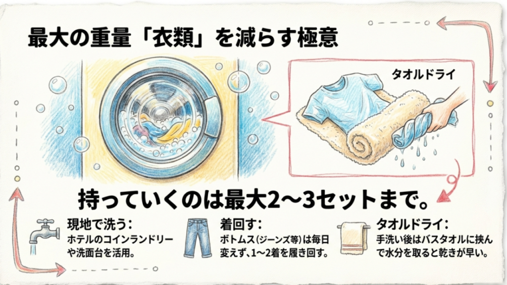 宿泊先での洗濯とタオルドライで衣類を減らす極意