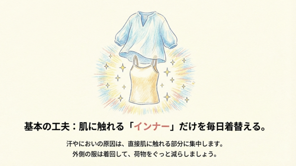 肌に触れるインナーだけを毎日着替えて外側の服を着回す基本の工夫