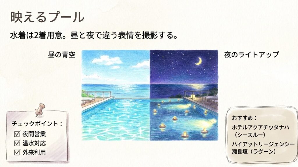 昼の青空と夜のライトアップを楽しめる映えるプールのチェックポイント