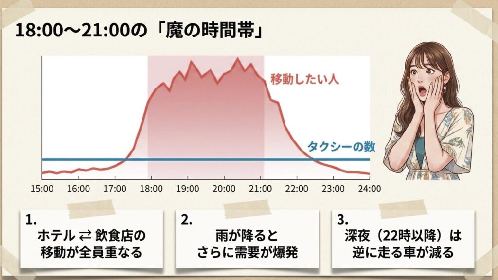 恩納村でタクシーが捕まらない理由と対策まとめ 4 恩納村のタクシー需要と供給のギャップを示す18時から21時の魔の時間帯グラフ