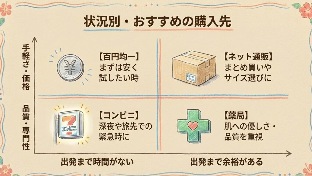百円均一、ネット通販、コンビニ、薬局など状況や目的に合わせたおすすめの購入先
