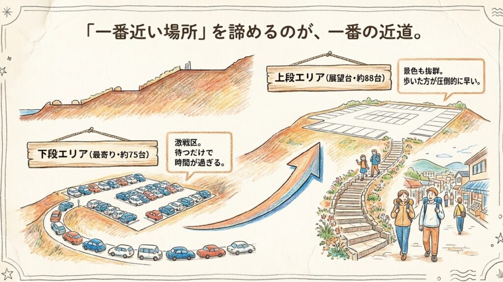 激戦区の下段駐車場と、景色が良く歩いた方が早い上段駐車場の比較