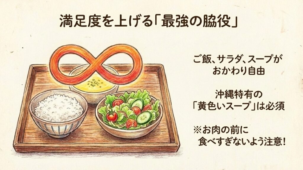 安さの理由は?沖縄市でステーキが安い名店と失敗しない選び方 4 ご飯、サラダ、沖縄特有の黄色いスープがおかわり自由のステーキ店