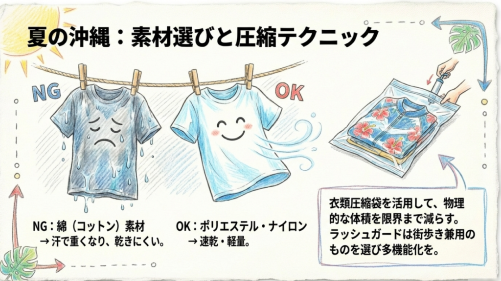 夏の沖縄旅行に適した速乾素材の服と衣類圧縮袋の活用