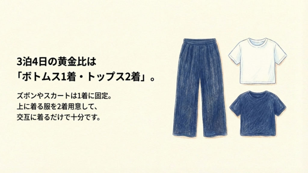 3泊4日の黄金比はボトムス1着・トップス2着という着回し術の紹介