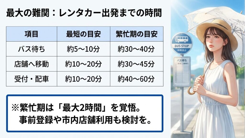 最短と繁忙期におけるレンタカー送迎バス待ちから配車までの時間比較表