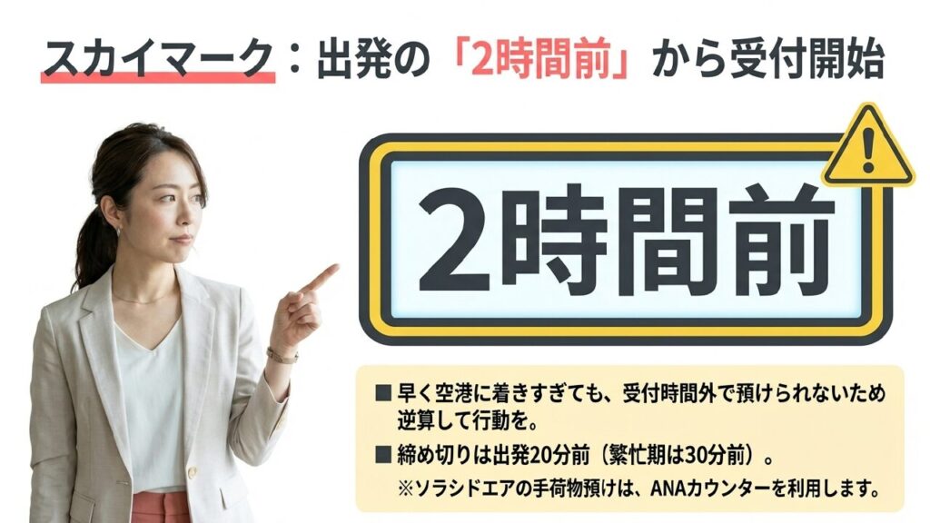 那覇空港の荷物預けは何時間前から可能?各社の規定と賢い過ごし方 4 スカイマークの手荷物受付は出発の2時間前から開始