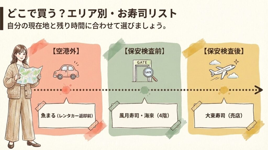 どこで買う?エリア別・お寿司リスト 空港外・保安検査前・保安検査後のエリア別お寿司リストマップ