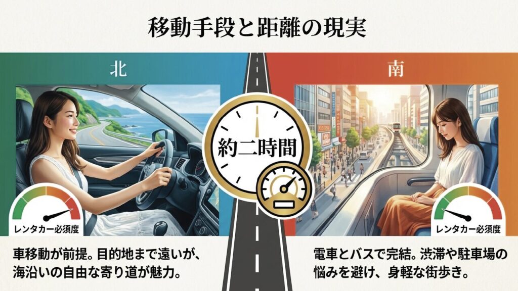 車移動が前提の北部と、電車・バスで身軽に完結できる南部のレンタカー必須度比較