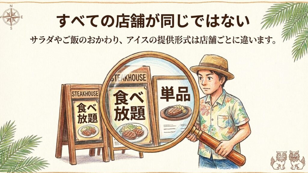 店舗ごとのサービスの違い 店舗によって食べ放題や単品などサービス内容が異なることを確認する様子