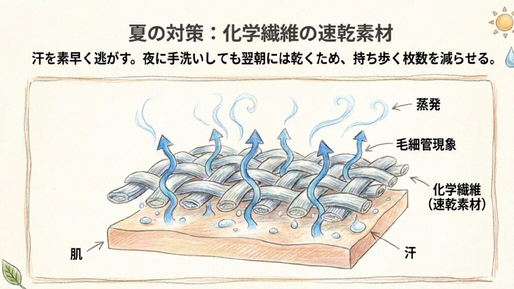 化学繊維の速乾素材が汗を蒸発させる毛細管現象の図解